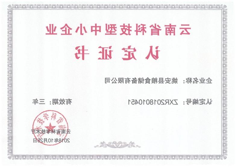 云南省科技型中小企业认定证书